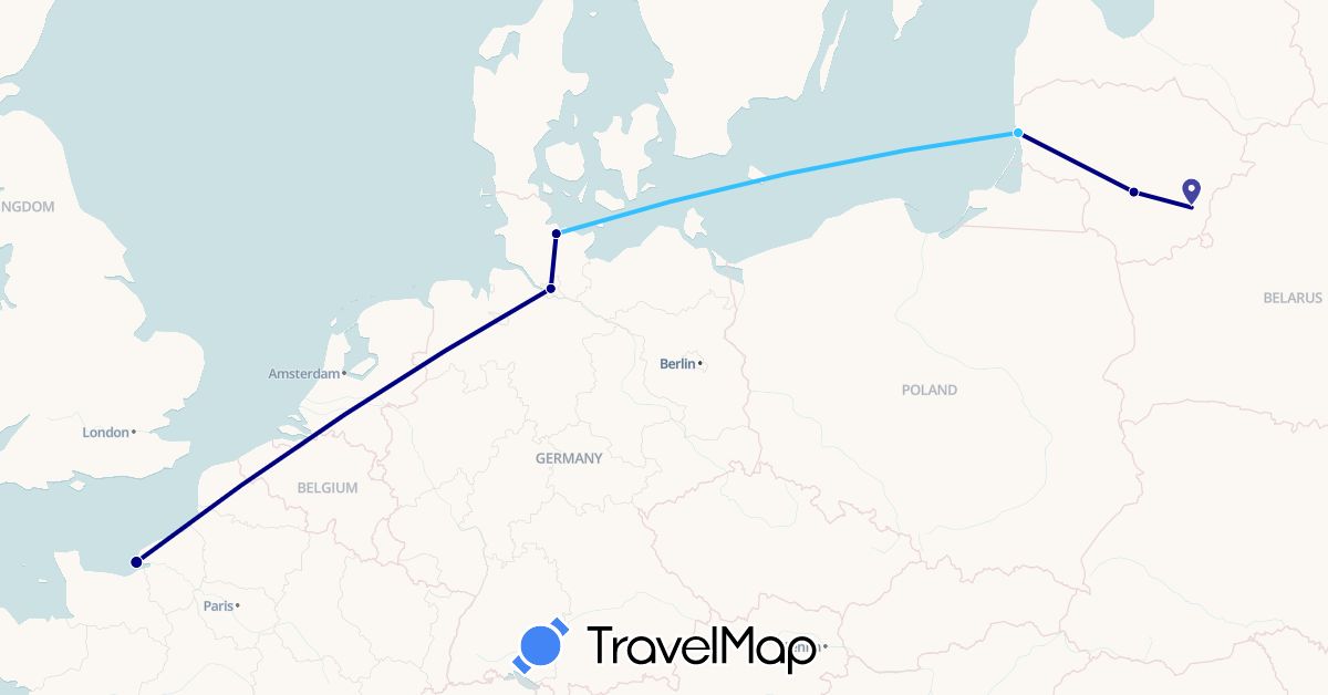 TravelMap itinerary: driving, boat in Germany, France, Lithuania (Europe)